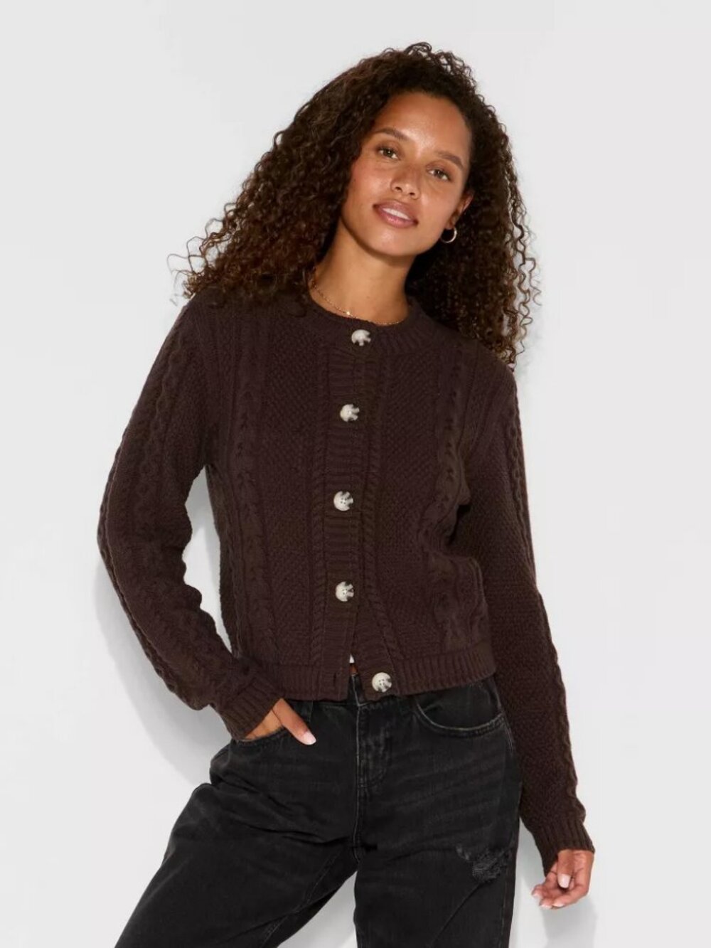 Wild Fable Crewneck Cable Knit Cardigan - Brown - Small